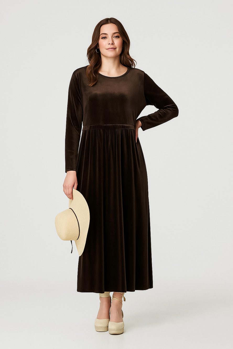 Vintage Jones New York Brown Velvet Velour Button-Front Modest Dress Size M